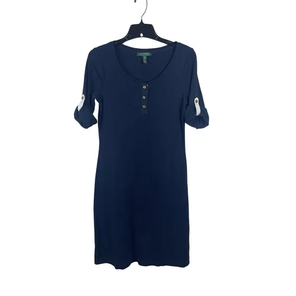 Ralph Lauren Navy Blue 100% Cotton Henley Shirt Dress Roll Tab Sleeve S - Image 3