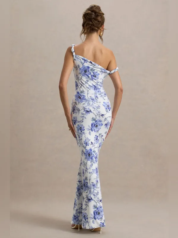 Club l London LITA Blue Floral Twisted Asymmetric Maxi Dress size 4 - Image 2