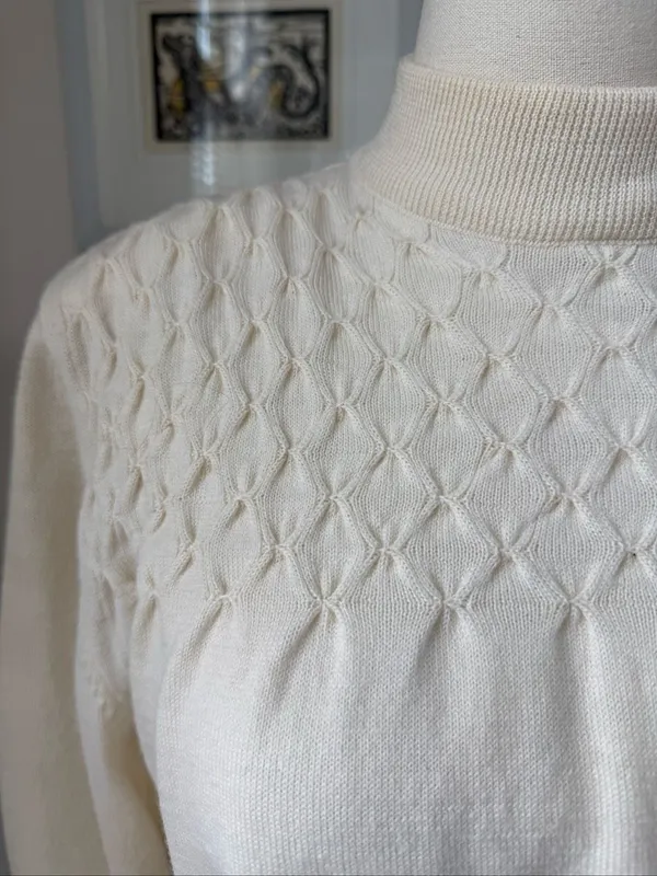 Vintage 80s Ciao Petites 100% Wool Knit Ivory Blouson Dress M - Image 3
