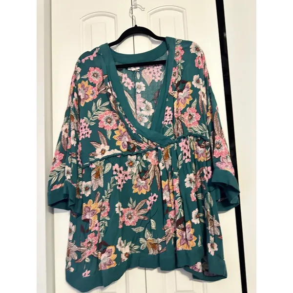 Floral Print Teal Surplice Wrap Blouse 1X By Maurices With 3/4‎ Sleeves & Empire - Image 3