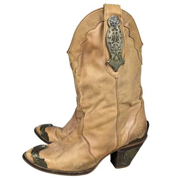 Endicott Johnson Vintage Tan Leather Western Cowgirl Boots Metal Accents 8.5B - Image 5