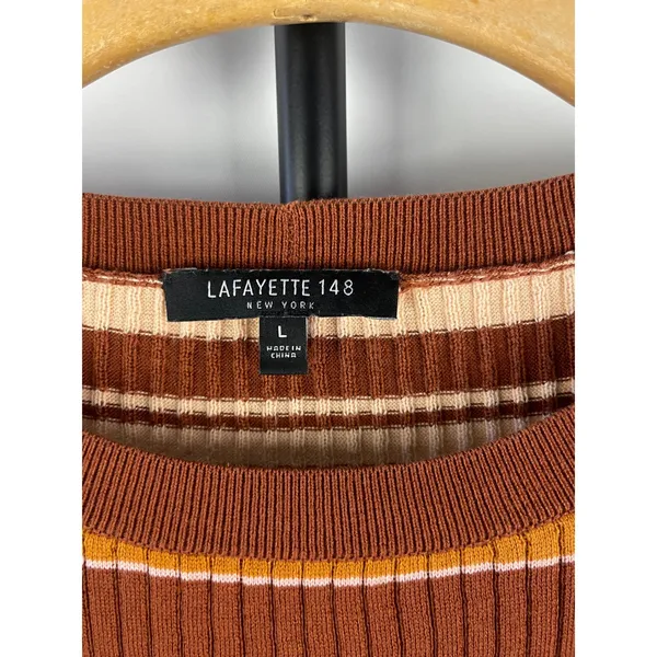 Lafayette 148 New York Striped Ribbed Silk Cotton Knit Top Brown Pink Large - Image 4