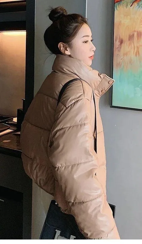 Small crop puffer beige Carmel warm winter coat jacket big Nwot Tan - Image 14