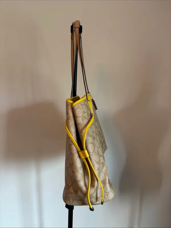 Coach Beige Signature Canvas Tote with Yellow Center Stripe and Tan Handles - Image 4