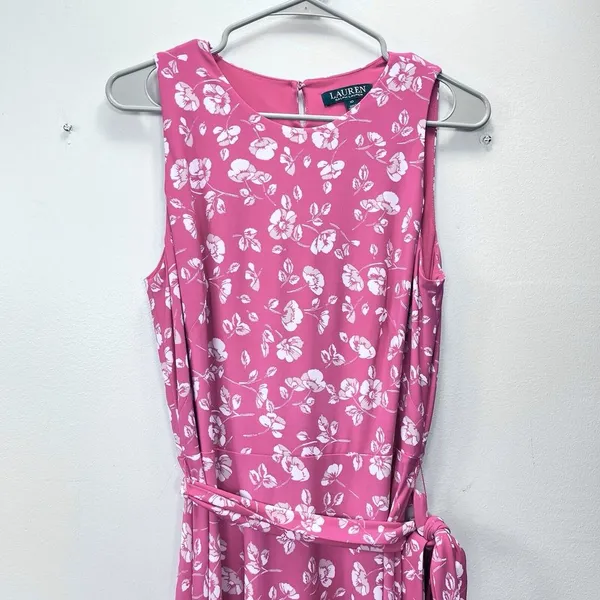 Ralph‎ Lauren Peach Floral Fit Flare Sleeveless Stretch Midi Dress Size 10 - Image 5