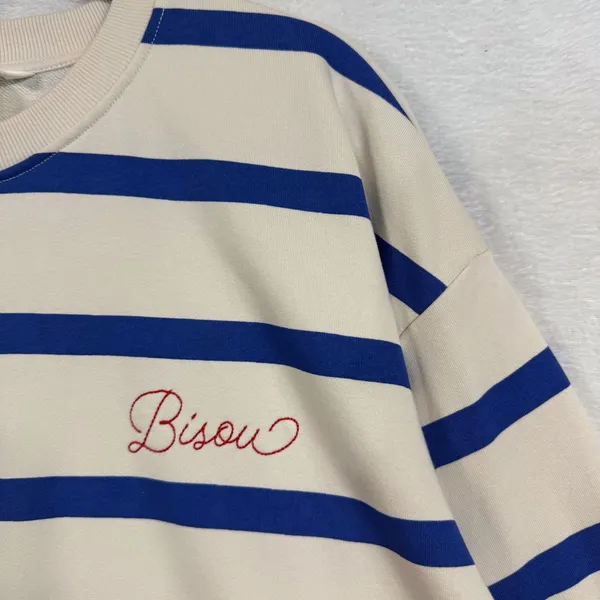 NWT H&M L Blue White Striped Bisou Embroidered Sweatshirt Pullover Preppy Casual - Image 2