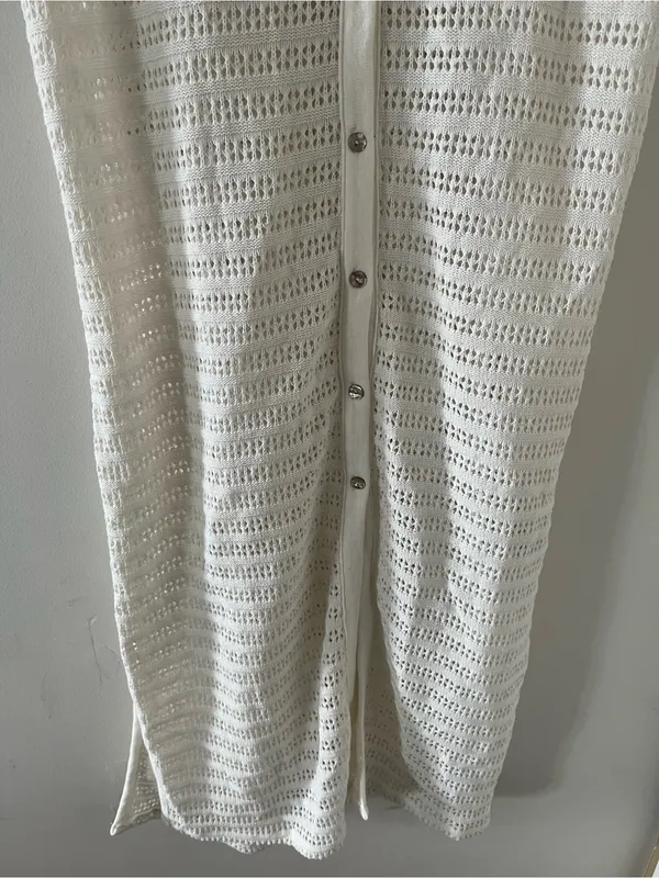 White Open Knit Crochet Button Front Sleeveless Midi Dress Large Coastal Resort - Image 4