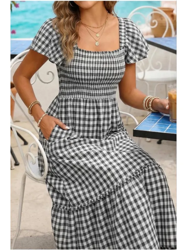 NEW Plaid Cotton 100% Cotton Smocked Square Neck Midi Lined Dress XL - Image 6