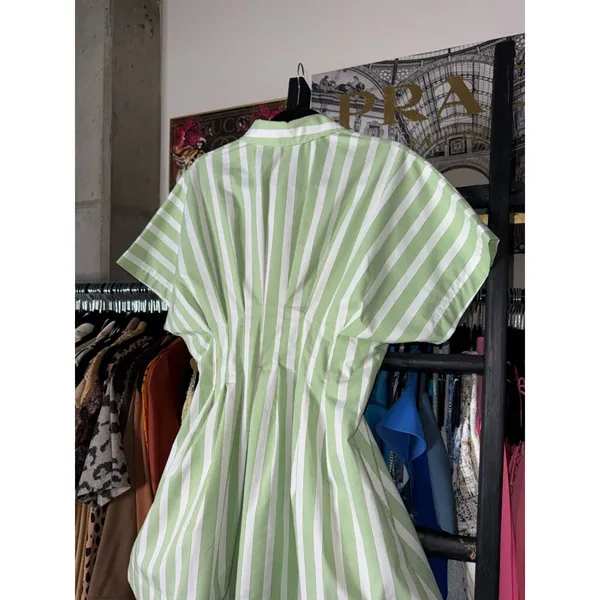 Exquise Tobie Green Striped Button Front Pleated Mini Shirtdress Medium New NWT - Image 11