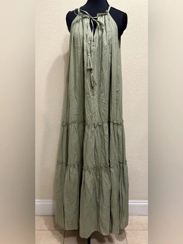 Zara Tiered Maxi Dress Halter Tassel Open Back Boho Resort Vacation XS Sage - Image 2