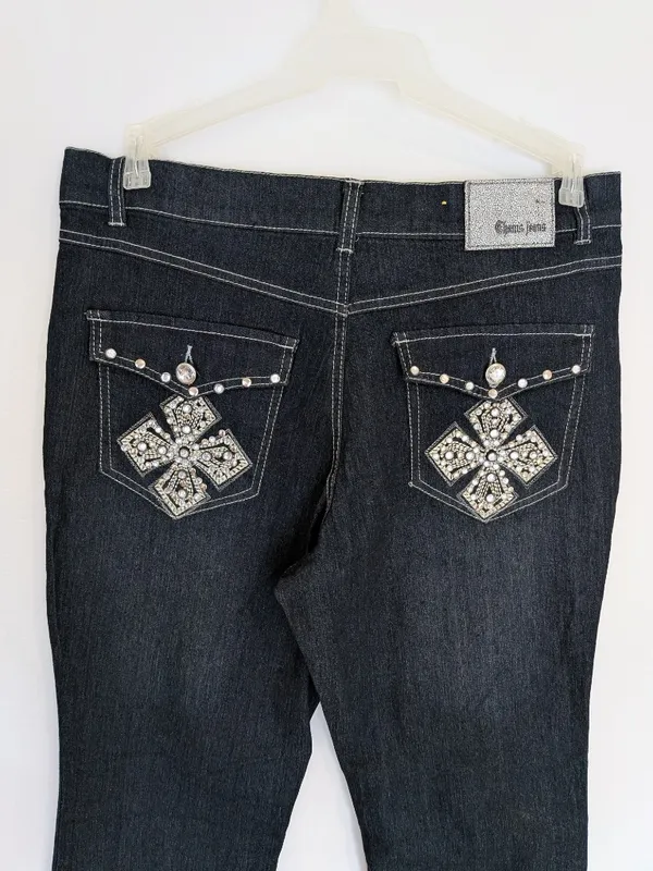 NWT Womens 12 Dark Wash Stretch Bootcut Jeans Y2K Bling Rhinestone Cross Pockets - Image 5