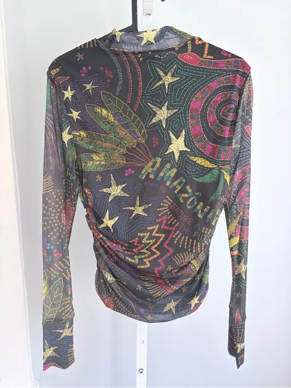 Farm Rio Amazonia Tulle Blouse Multicolor Sheer Mock Neck Size S - Image 5