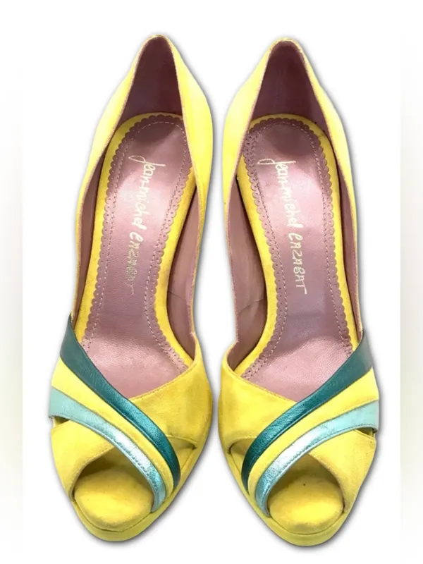Jean-Michel Cazabat Paris Yellow Suede And Teal Leather Accent Heels (37) - Image 2