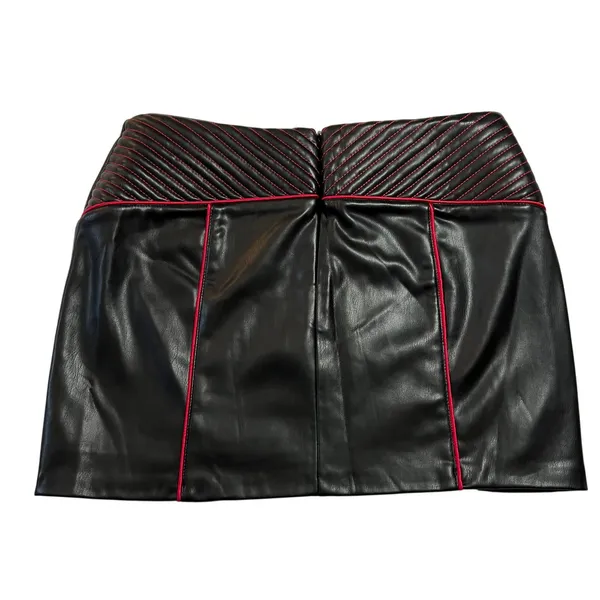 Zara Faux Leather Black Quilted Red Piping Moto Mini Skirt‎ Size L Biker Rock - Image 5