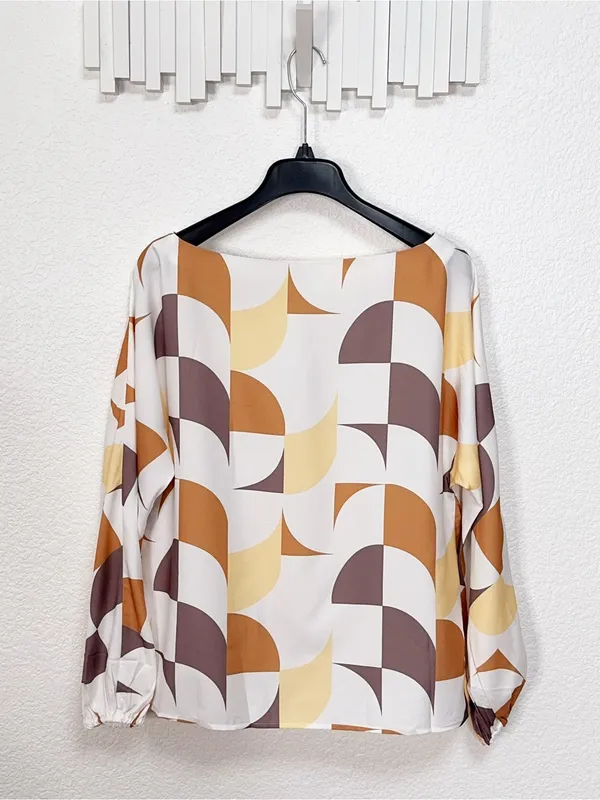 Miss Sparkling Retro 70s Geometric Print Balloon Sleeve Blouse Top - Image 6