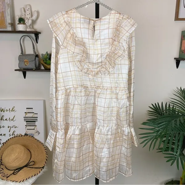 En Saison Plaid Organza Mini Dress in Natural Checker Size Small - Image 5