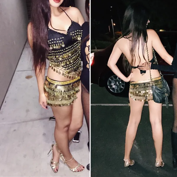 Dolls Kill cute sexy belly dancer backless dangling fringe coin chiffon gold Halloween costume - Image 10