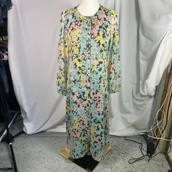 LOFT‎ Size 4 Floral Midi Dress Grey Pastel Button Front Sheer Lined Long Sleeve - Image 11