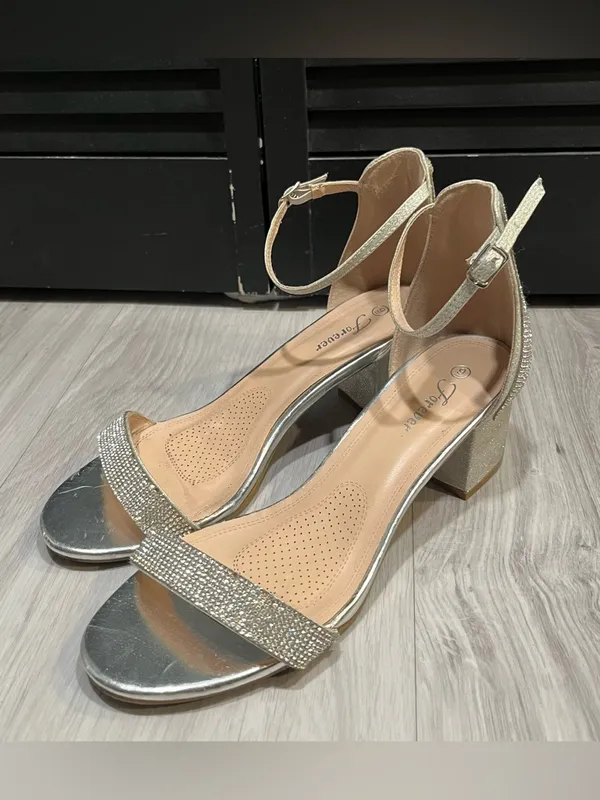 Forever 21 Silver open Toe Rhinestone‎ Ankle
Strap Buckle Low Chunky Heels - Image 2