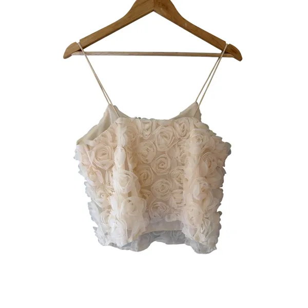 Ivory Cream 3D Rose Floral Cami Tank Top Cropped Spaghetti Strap Romantic Y2K - Image 3