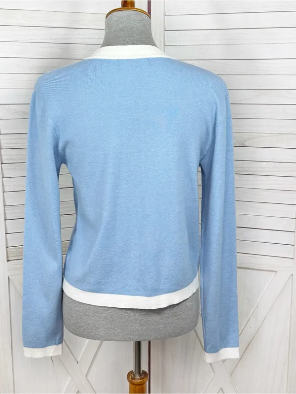 Emerson Lang Cardigan Sweater Button Front Contrast Trim Blue White Medium - Image 4