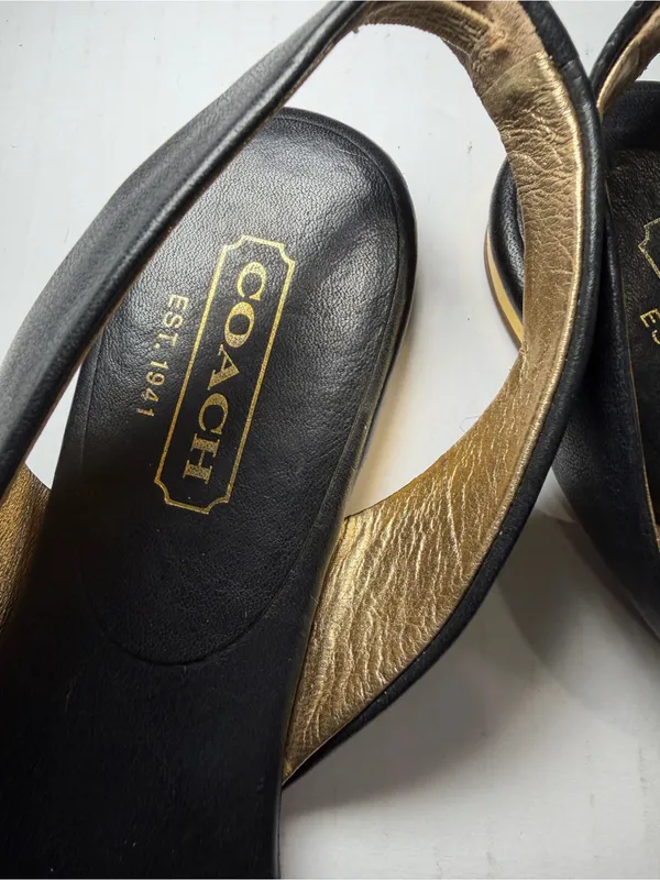 Coach Black Leather Slingback Flats with Floral Stud Accent - Image 2