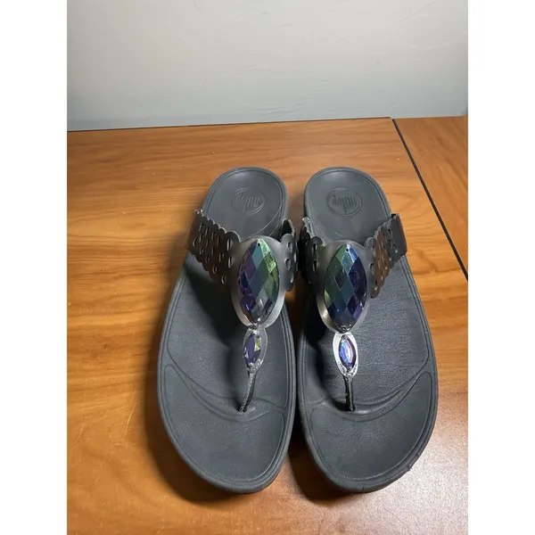 FitFlop Lunetta Jeweled Black Pewter Leather Thong Wedge Sandals Size 10 - Image 2