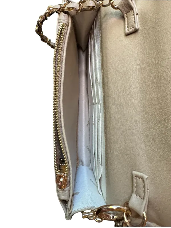 Bebe Woven Clutch Purse Chain Strap Beige Gold Tone Logo Bag - Image 10