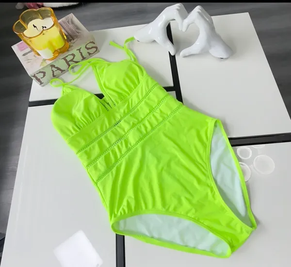 💚 Neon Lime Green Mesh Crochet One-Piece Swimsuit - Size L💚 - Image 4