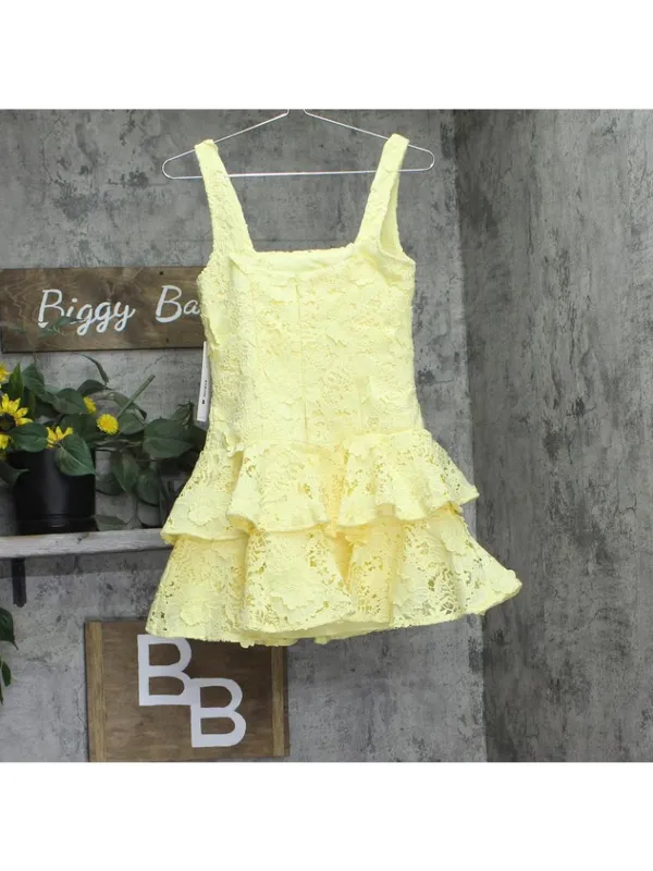 NWT Aqua Womens Lined Lace Tiered Mini Dress IDO14101 Yellow XS - Image 3