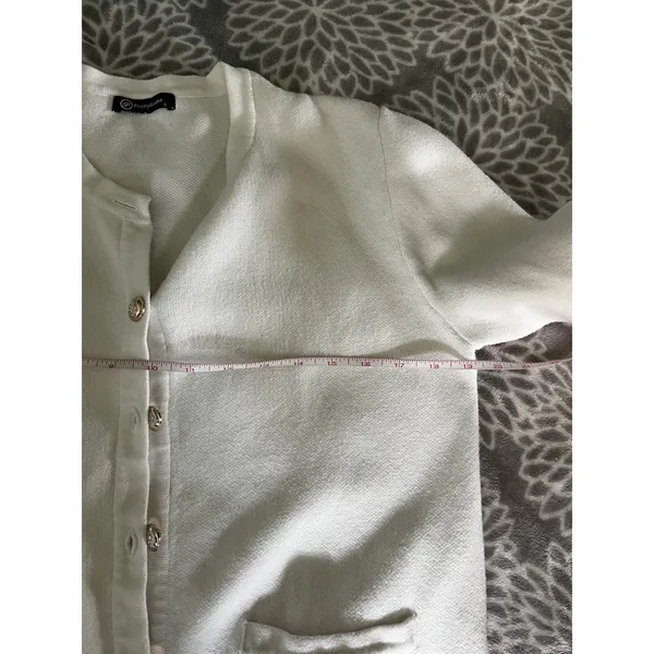 White Cotton Cardigan Sweater Small Gold Crest Button Preppy Old Money Office - Image 5