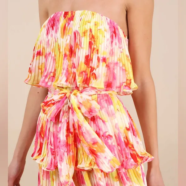 Lulus Nessa Yellow and Pink Abstract Plisse Tiered Midi Dress size XL NWT Beach - Image 3