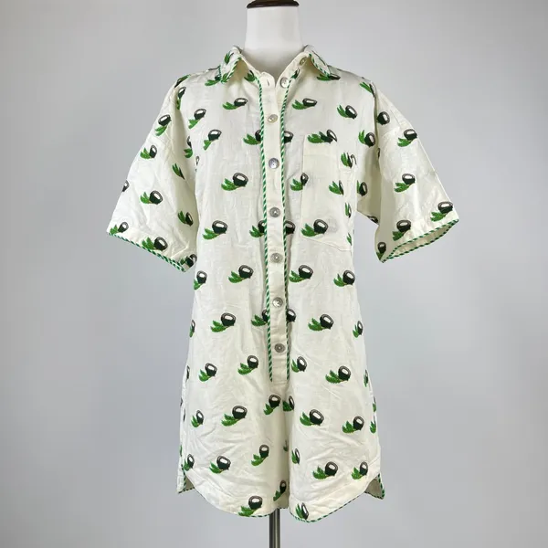 NWOT Farm Rio Linen Blend Coconut Embroidered Romper Green and Ivory Size M - Image 4