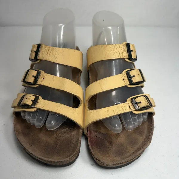 Birkenstock 39 8 Sandals Florida Leather Yellow Triple Strap Slide Germany - Image 4