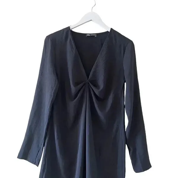 ZARA Black SHORT DRAPED DRESS Long Sleeves V-Neck Women’s Minimalist SZ S #1669 - Image 5