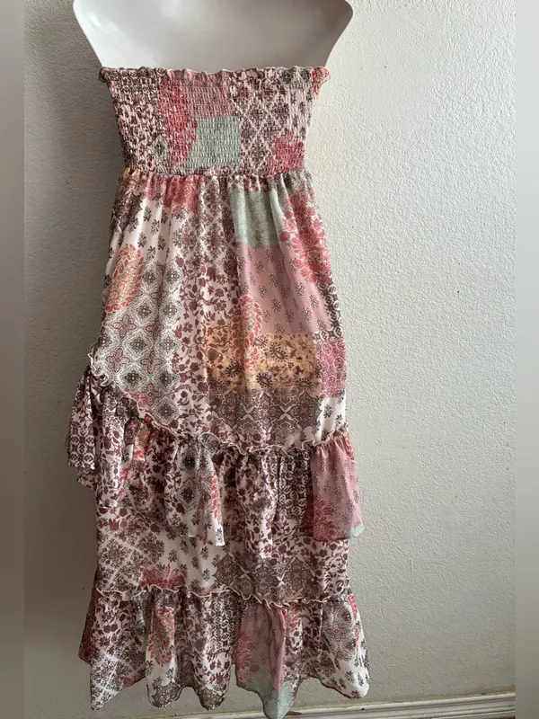 Life Boho Patchwork Ruffle Convertible Dress/Skirt Blush Multi L Pink Size L - Image 3