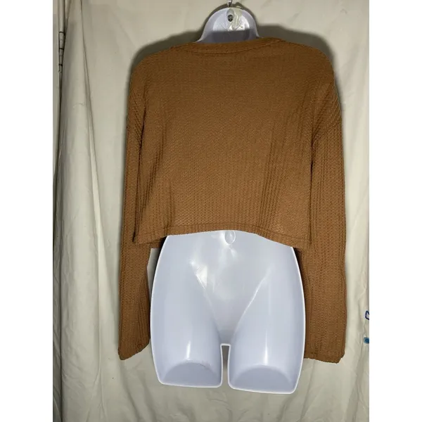 ROMWE Brown Waffle Knit Cropped Cardigan Sweater Women's Size L Large Boho Cozy - Image 2