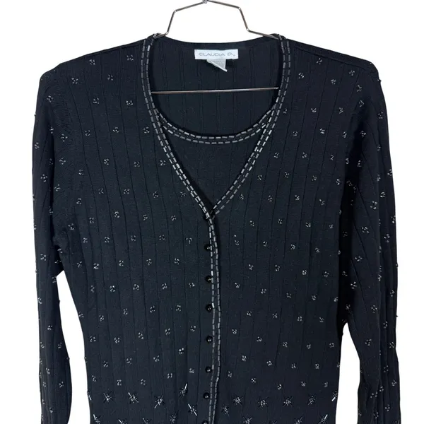 Claudia D Womens Black Beaded Ribbed Cardigan Top Vintage L - Image 2