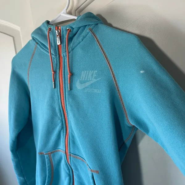 Vintage‎ Nike Sportswear Full Zip Hoodie Turquoise Orange Trim Dolphins Small - Image 2