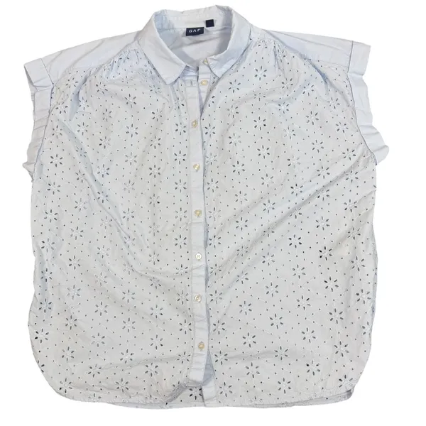 Gap Eyelet Blouse Womens L Light Blue Embroidered Button Front Cap Sleeve Top - Image 13