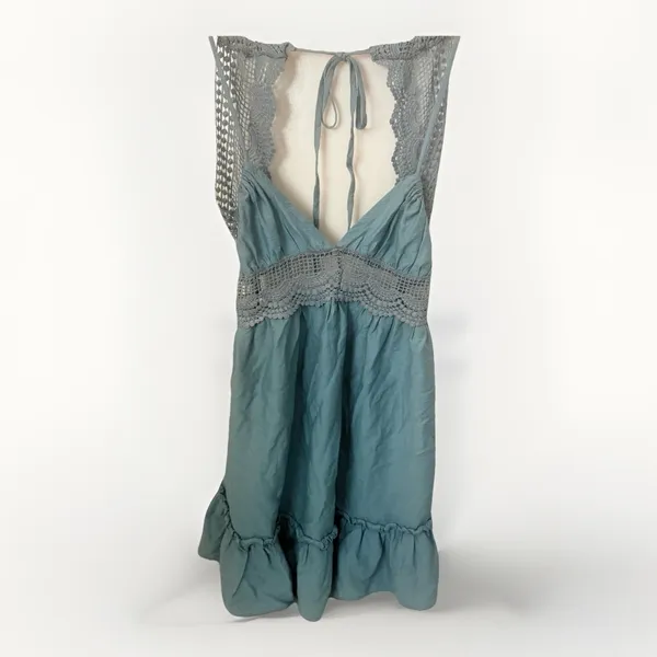 Boho Prairie Dusty Blue Crochet Backless Western Party Mini Ruffle Hem Dress M - Image 3