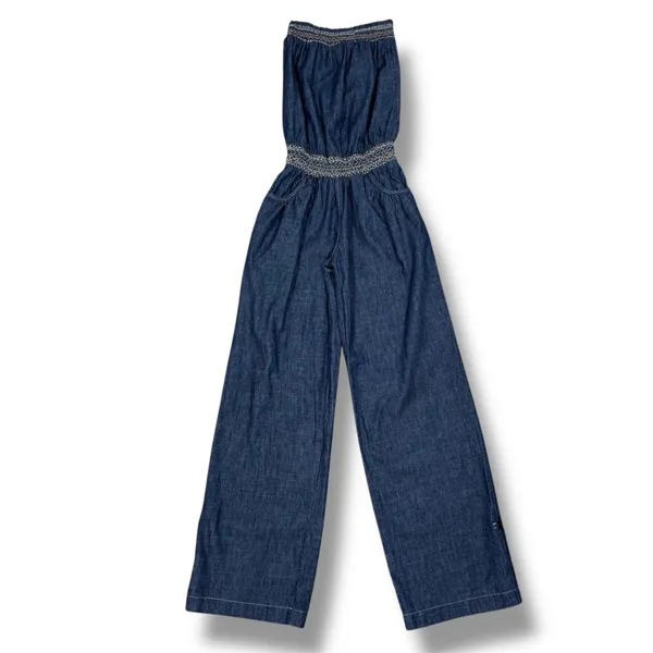 Poetry‎ Boho Smocked Strapless Wide Leg Chambray Jumpsuit Denim Blue Small - Image 12