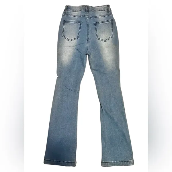 Zara High-Rise Light Blue Distressed Flare Jeans - Image 4