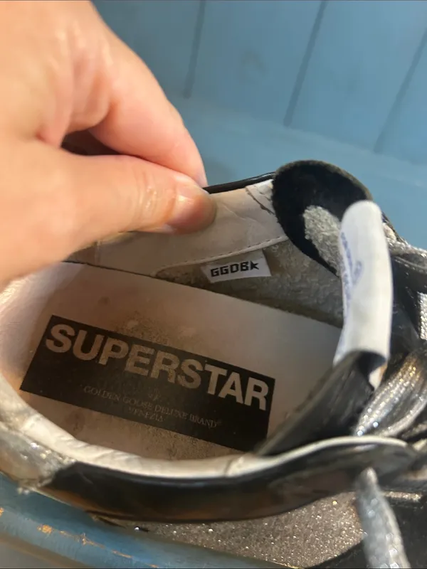 Golden Goose Black Leather Sneakers with Silver Glitter Panels | Size 37 US 7 - Image 10