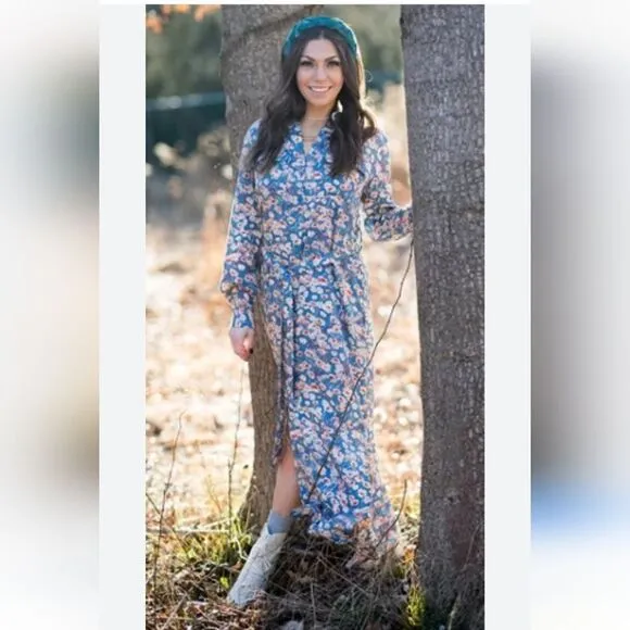 Haute Hippie‎ NWOT Long Sleeve Blue Floral Buttoned Midi Dress Size Small - Image 6