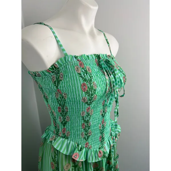 Women's Green Sheer Floral Ruched Tiered Ruffle Garden Party Whimsical Dress - Image 2