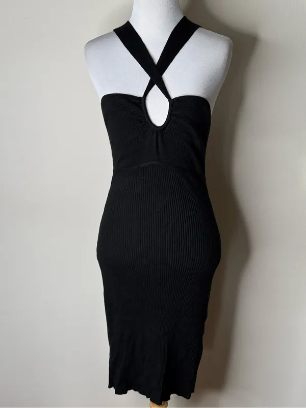 Abercrombie Black Elevated Rib Knit Cross Strap Mini Dress - Image 2