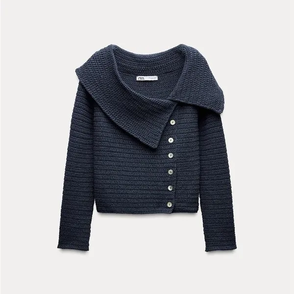 Zara Navy Blue Off-the-Shoulder Crochet Sweater - Image 3