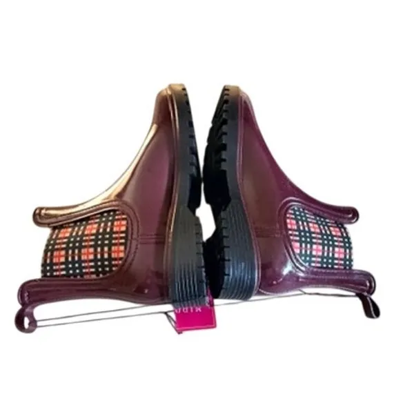 Burgundy Chelsea Ankle Rain Boots Size 9 Waterproof Plaid Elastic NWT - Image 6