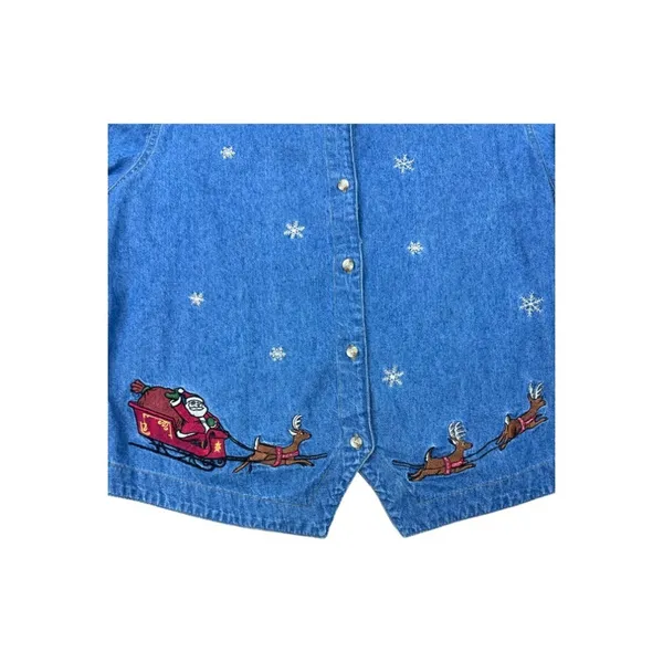 Vintage Bill Blass‎ Holiday Denim Shirt Santa Embroidery Black Velvet Collar XL - Image 2